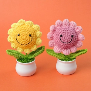 Handgefertigte Gehäkelte Sonnenblume Topfpflanze Mit Smiley Gesicht Mini Garn Blume Ornament Für Heim Büro Auto Dekoration