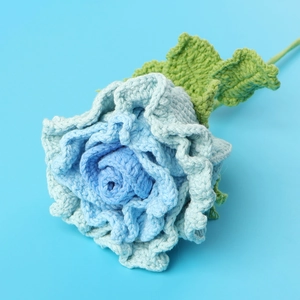 Handmade crochet gradient blue rose bouquet with realistic knitted petals and green leaves