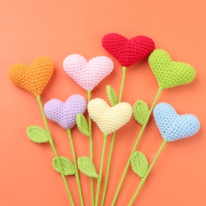 Handmade Crochet Heart Flowers Wool Yarn Knitted Artificial Bouquet For Mothers Day Birthday Home Decor Gift