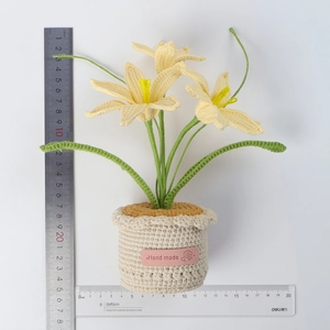 Handmade crochet lily potted plant with yellow flowers and green leaves, 22cm height