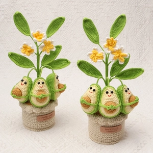 Handmade crochet avocado potted plant with cute faces and leaf decor for desk