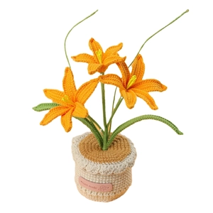 Handmade knitted orange lily potted plant with crochet green leaves and handmade tag