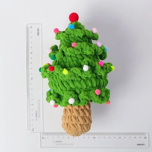 Handmade crochet Christmas tree decor with colorful pom-poms measuring 16cm height