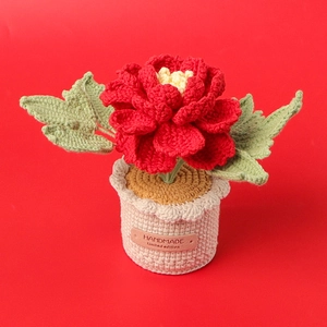 Handmade crochet red peony flower in pink knit pot for home and office desk decor