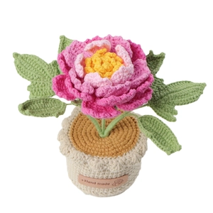 Handmade crochet peony flower bonsai in pot with leather Hand Made tag for desk decor