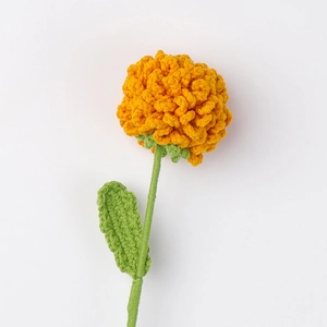 Handmade crochet yellow pompon mum flower with green stem for DIY home bouquet decor