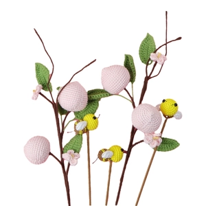 Handmade crochet peach blossom bouquet with leaves and decorative honeybee ornament
