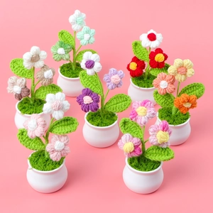 Planta en Maceta de Flor de Puff de Ganchillo Hecha a Mano Flor Artificial de Punto de Hilo Mini Adorno de Escritorio Regalo de Decoración de Coche