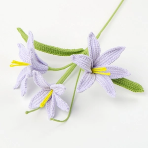 Handmade crochet light purple lily flower bouquet with green stem and yellow stamens