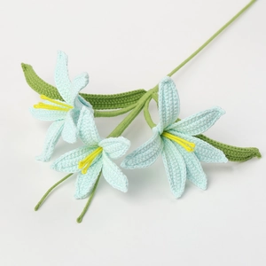 Handmade crochet light blue lily flower bouquet with green stems for gift decoration
