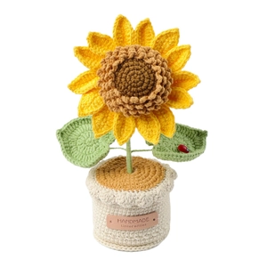 Girasole all'uncinetto fatto a mano in vaso con piccola coccinella sulla foglia