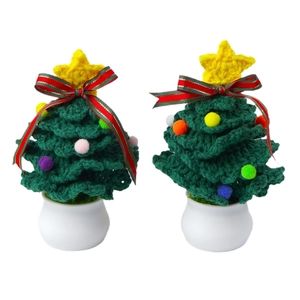 Set of two handcrafted crochet Christmas tree potted plants with colorful pom poms