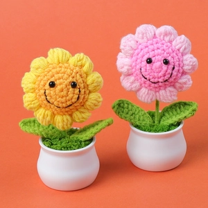 Handmade Crochet Sunflower Potted Plant Knitted Flower With Smile Face Yarn Ornament For Desk Home Decor Gift