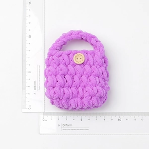 Handmade purple crochet pouch for AirPods with wood button showing dimensions 8.5x7cm