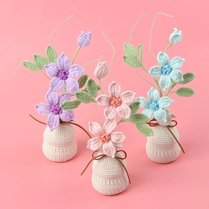 Crochet Clematis Potted Flower Handmade Knitted Artificial Floral Arrangement For Desktop Decor Home Gift