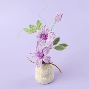 Handmade crochet clematis flower in cream pot for home desktop decor and gift
