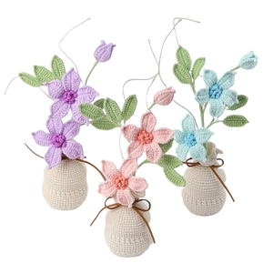 Handmade crochet clematis flower pots set in purple pink and blue for home decor