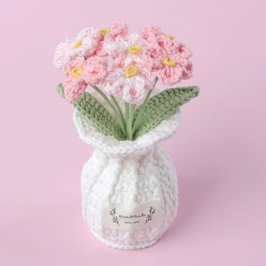 Handmade crochet forget-me-not flower pot with white vase for indoor desk decoration