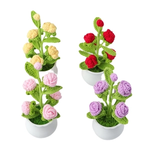 Set of four handmade crochet rose potted plants in yellow, red, pink and purple flowers