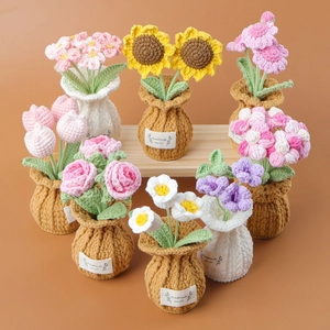 Handmade Crochet Flower Potted Plant Knitted Tulip Sunflower Rose Desktop Ornament Home Decor Pastoral Gift