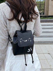 Cute black PU leather backpack with cartoon cat face and paw prints for women