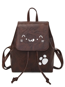 Cute dark brown large capacity faux leather backpack with cartoon cat embroidery