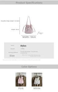 Detailed view of butterfly embroidered bucket bag with dimensions 18x20x6cm in pink and white