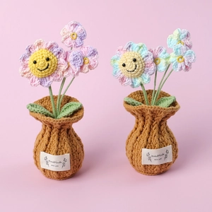 Handmade Crochet Potted Flower Sunflower Tulip Rose Lily Of The Valley Healing Style Desktop Ornament For Home Decor Women Gift
