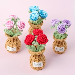 Handmade crochet flower set with colorful roses in knitted pots and handmade labels