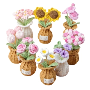 Handmade crochet potted flower set with sunflower rose and tulip for home decor