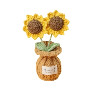 Handmade crochet sunflower potted plant with two yellow flowers and a white label