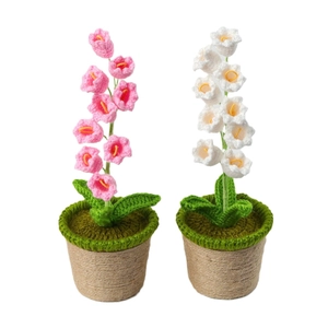 Handmade crochet lily of the valley potted plants in pink and white for home decor