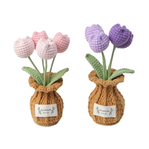 Handmade crochet tulip flower pot ornaments in pink and purple with love tag
