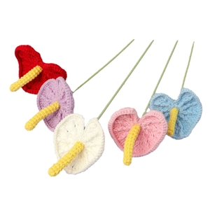 Handmade crochet anthurium bouquet in five colors with realistic knitted yarn textures