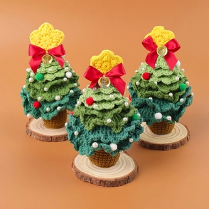 Handmade Crochet Christmas Tree Ornament With Wooden Base Mini Tabletop Knit Tree Decoration For Christmas Festive Home Decor Gift