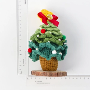Handmade crochet Christmas tree with wooden base and star topper, 16cm height measurement