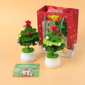 Handmade crochet Christmas tree potted plant set with decorative gift box for tabletop