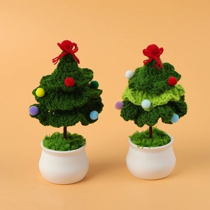 Handmade Crochet Christmas Tree Potted Plant Yarn Knitted Desktop Ornament With Ceramic Base Colorful Pom Poms Holiday Gift