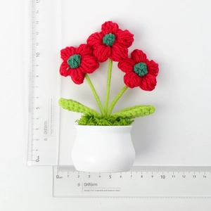 Detailed view of handmade crochet Christmas flowers in a white pot with size measurements