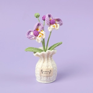 Handmade crochet orchid in white pot with purple petals for home decor gifts