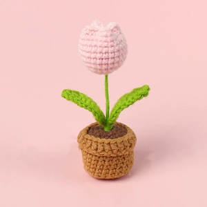 Handmade crochet pink tulip potted plant ornament for car and desk decoration