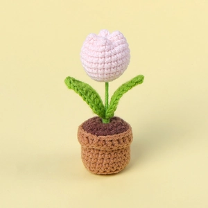 Handmade crochet pink tulip potted plant ornament for car and desk decoration