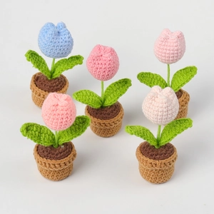 Detailed set of 5 colorful handmade crochet mini tulip potted plants for decor