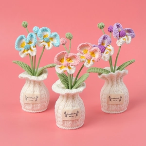 Handmade Crochet Potted Flowers Yarn Knitted Artificial Flowers With Pot Desktop Decoration For Home Office Birthday Gift
