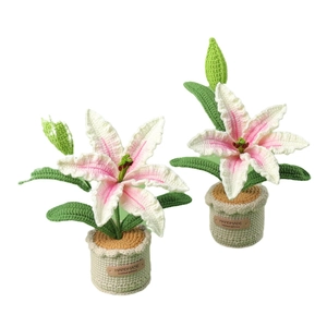 Handmade crochet lily potted plants with pink gradient petals for home table decor