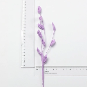 Handmade crochet purple lavender leaf branch measurement detail showing 19cm height