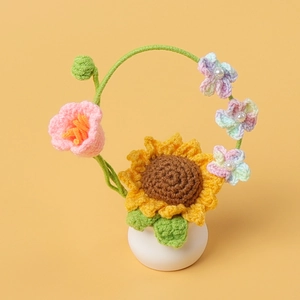 Plante de tournesol au crochet faite main avec perles sur fond jaune minimaliste