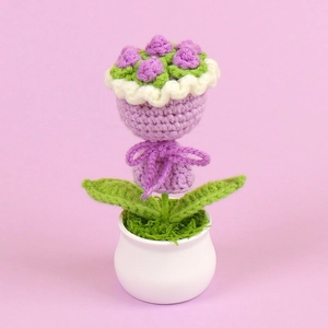 Handmade crochet purple rose potted plant with white base for desk and car decoration
