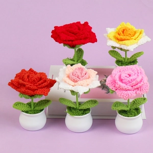 Handmade crochet rose potted plants in various colors for home and car desktop decoration