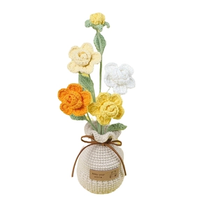 Handmade crochet rose potted plant with colorful flowers and keep your smile leather tag